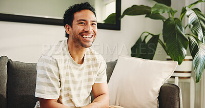 Buy stock photo Home, watching tv and happy man on sofa, funny and entertainment with comedy film. Asian person, apartment and subscription for movie streaming, laughing and humor with smile, channel and relaxing