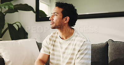 Buy stock photo Man, thinking and relax on sofa in home with reflection, memory and smile with nostalgia in living room. Happy person, perspective and decision on couch, mindset or daydream in lounge at apartment