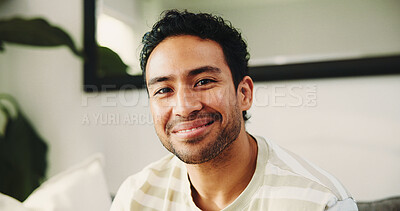 Buy stock photo Portrait, happy and man on break, lounge and chilling in apartment or comfortable with stress relief. Confident, person and relax on couch in home, smile and peaceful on weekend and resting in Mexico