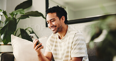 Buy stock photo Home, cellphone and happy man on couch, typing and social media with connection. Email notification, mobile user or person with smartphone, internet or digital app with online reading or website info