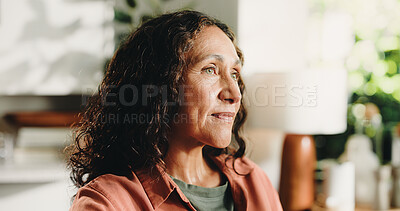 Buy stock photo Home, thinking and woman in lounge, reflection and decision with afternoon break. Retirement, apartment and senior person with memory, contemplation and nostalgia with moment, calm and remember