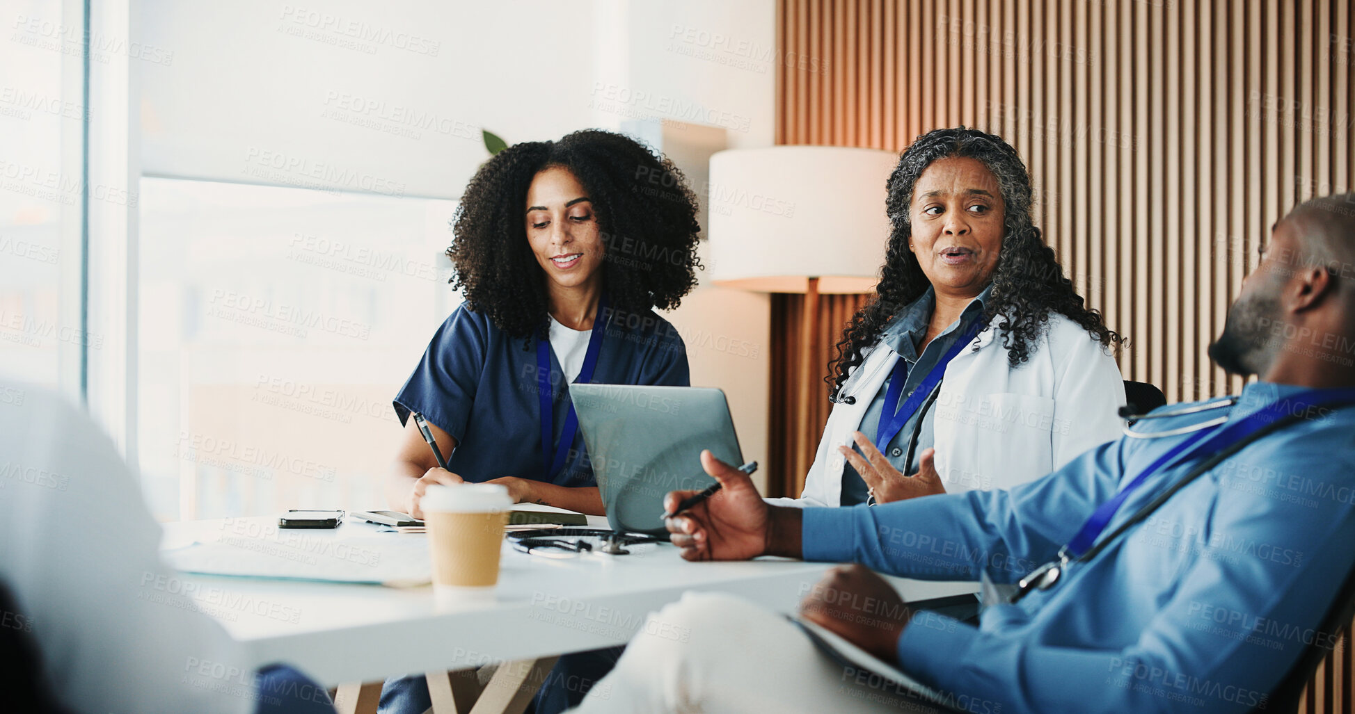 Buy stock photo Medical, meeting or doctors in hospital with laptop, team insight or patient review for treatment plan. Healthcare, collaboration or people with tech, client diagnosis or feedback in post surgery.