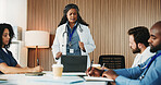 Speaker, woman and laptop with doctors in hospital for meeting, surgery schedule and healthcare. Digital records, planning and medical with people in clinic for consulting, collaboration and nurses