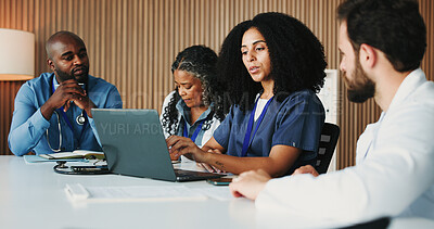 Buy stock photo Medical, meeting or doctors in office with laptop, team insight or patient review for treatment plan. Healthcare, people or surgeon with tech, collaboration or client diagnosis in hospital discussion