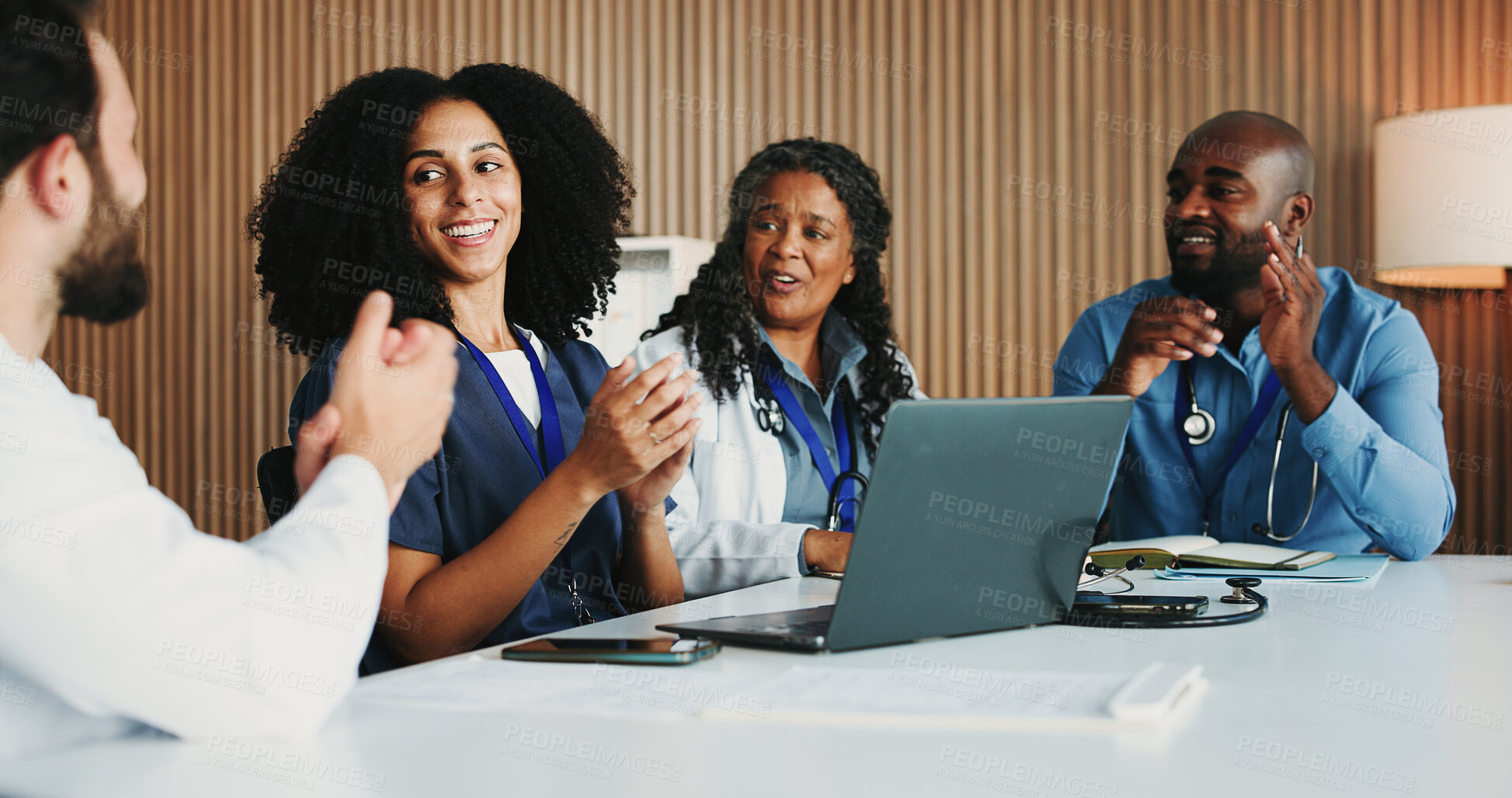 Buy stock photo Medical, clap or doctors in office with laptop, team or good news in treatment plan. Health, collaboration or people in hospital with applause, surgery success or positive feedback in post operation.
