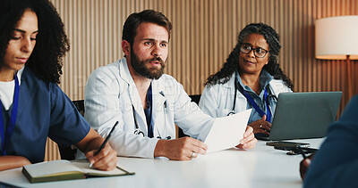 Buy stock photo Discussion, writing or doctors meeting in office, medical briefing or notes for hospital policy update. Laptop, protocol change or people with questions for healthcare document, speaking or teamwork