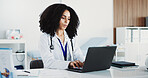 Laptop, doctor or woman reading in office for research, digital resources or medical archive for info. Review test results, email prescription or physician in clinic healthcare, pc or patient admin