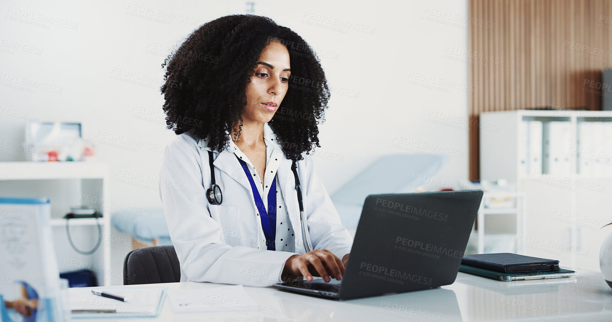 Buy stock photo Laptop, doctor or woman reading in office for research, digital resources or medical archive for info. Review results, email prescription or physician in clinic for healthcare, pc or patient admin
