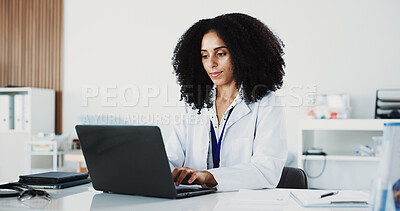 Buy stock photo Laptop, doctor or woman typing in office for research, digital resources or medical archive for info. Review test results, email prescription or physician in clinic healthcare, pc or patient admin