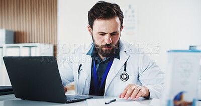 Buy stock photo Doctor, man and document in office with laptop for health insurance, patient diagnosis and report. Healthcare worker, person and reading in workplace with computer, paperwork or medical aid research.