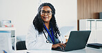 Mature, black woman and portrait of doctor with laptop for medical, healthcare or admin in office. Cardiologist, professional person and tech with clinic schedule, telehealth or research for service