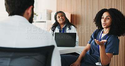 Buy stock photo Discussion, doctors or people meeting in office, medical briefing or advice for healthcare planning. Laptop, collaboration or physician team with questions for patient history, talk or treatment idea