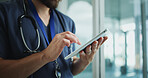 Doctor, hands or person with tablet in hospital for healthcare, virtual consulting or online prescription. Telehealth, access medical resources or physician with diagnostic info, patient app or tech