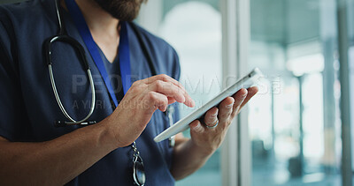 Buy stock photo Doctor, hands or person with tablet in hospital for healthcare, virtual consulting or online prescription. Telehealth, access medical resources or physician with diagnostic info, patient app or tech