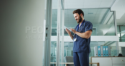 Buy stock photo Medical, smile or man in hospital with tablet, agenda update or patient diagnosis in online consulting. Healthcare, space or doctor with tech, telehealth or surgery schedule in treatment plan.