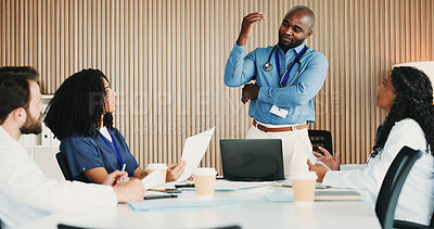 Buy stock photo Doctors, man and discussion with group, hospital and collaboration for treatment plan and healthcare. Boardroom, speaker and meeting with laptop for medical services, people and teamwork in clinic