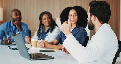 Buy stock photo Medical, meeting or surgeons in office with laptop, team or patient review for treatment plan. Healthcare, doctors or people in hospital with tech, collaboration or feedback in post operation.