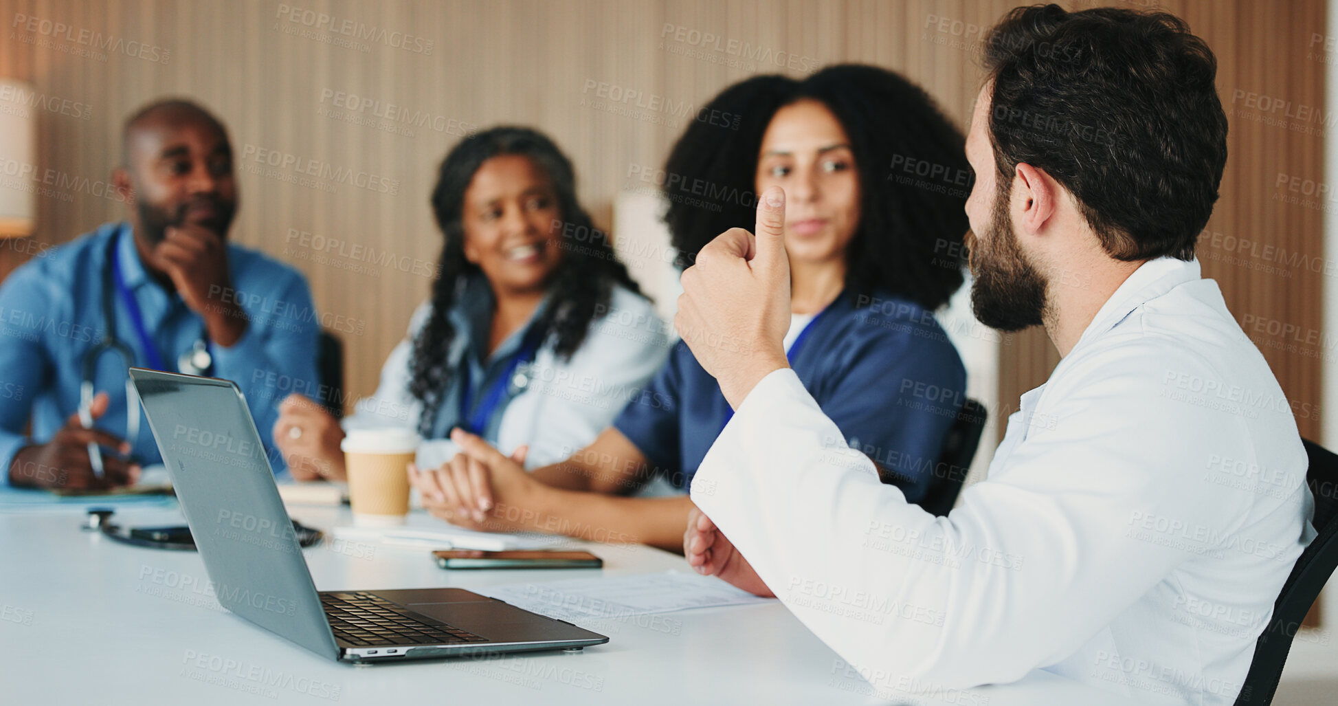 Buy stock photo Medical, meeting or surgeons in office with laptop, team or patient review for treatment plan. Healthcare, doctors or people in hospital with tech, collaboration or feedback in post operation.