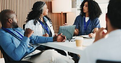 Buy stock photo Medical, meeting or people in office with laptop, team or patient review for treatment plan. Healthcare, collaboration or doctors in hospital with tech, client diagnosis or feedback in post surgery.