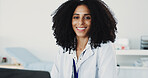 Smile, woman and portrait of doctor with laptop for medical, healthcare or admin in office. Cardiologist, professional person and tech with clinic schedule, telehealth or research for service