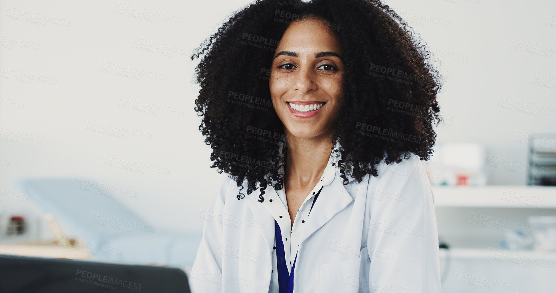 Buy stock photo Smile, woman and portrait of doctor with laptop for medical, healthcare or admin in office. Cardiologist, professional person and tech with clinic schedule, telehealth or research for service