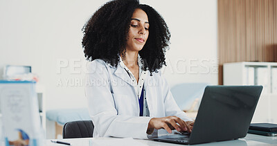 Buy stock photo Doctor, woman or typing on laptop in hospital office, digital resources or healthcare database for info. Medical archive, research or physician with pc for telehealth, patient admin or check report