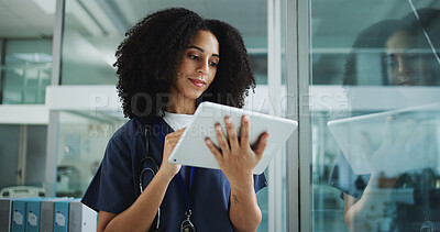 Buy stock photo Medical, reading or woman in clinic with tablet, research or patient records in online consulting. Healthcare, digital or doctor in hospital with tech, telehealth or client review for treatment plan.
