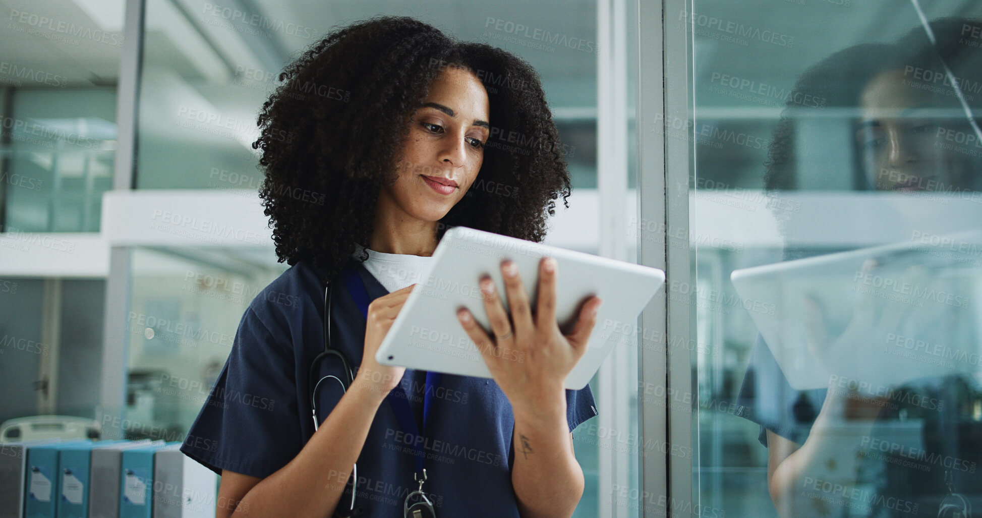 Buy stock photo Medical, reading or woman in clinic with tablet, research or patient records in online consulting. Healthcare, digital or doctor in hospital with tech, telehealth or client review for treatment plan.