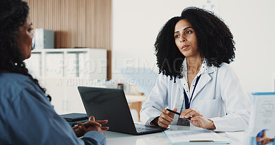 Buy stock photo Laptop, consultation and doctor with woman in office at hospital for medical diagnosis or treatment plan. Computer, discussion and healthcare worker with female patient for checkup in clinic.