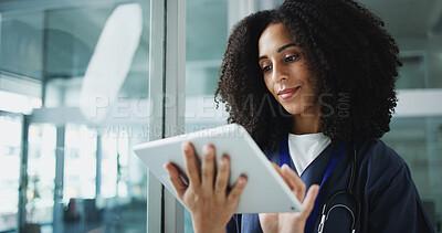 Buy stock photo Medical, smile or woman in hospital with tablet, research or patient diagnosis in online consulting. Healthcare, planning or doctor in clinic with tech, telehealth or client review for treatment plan