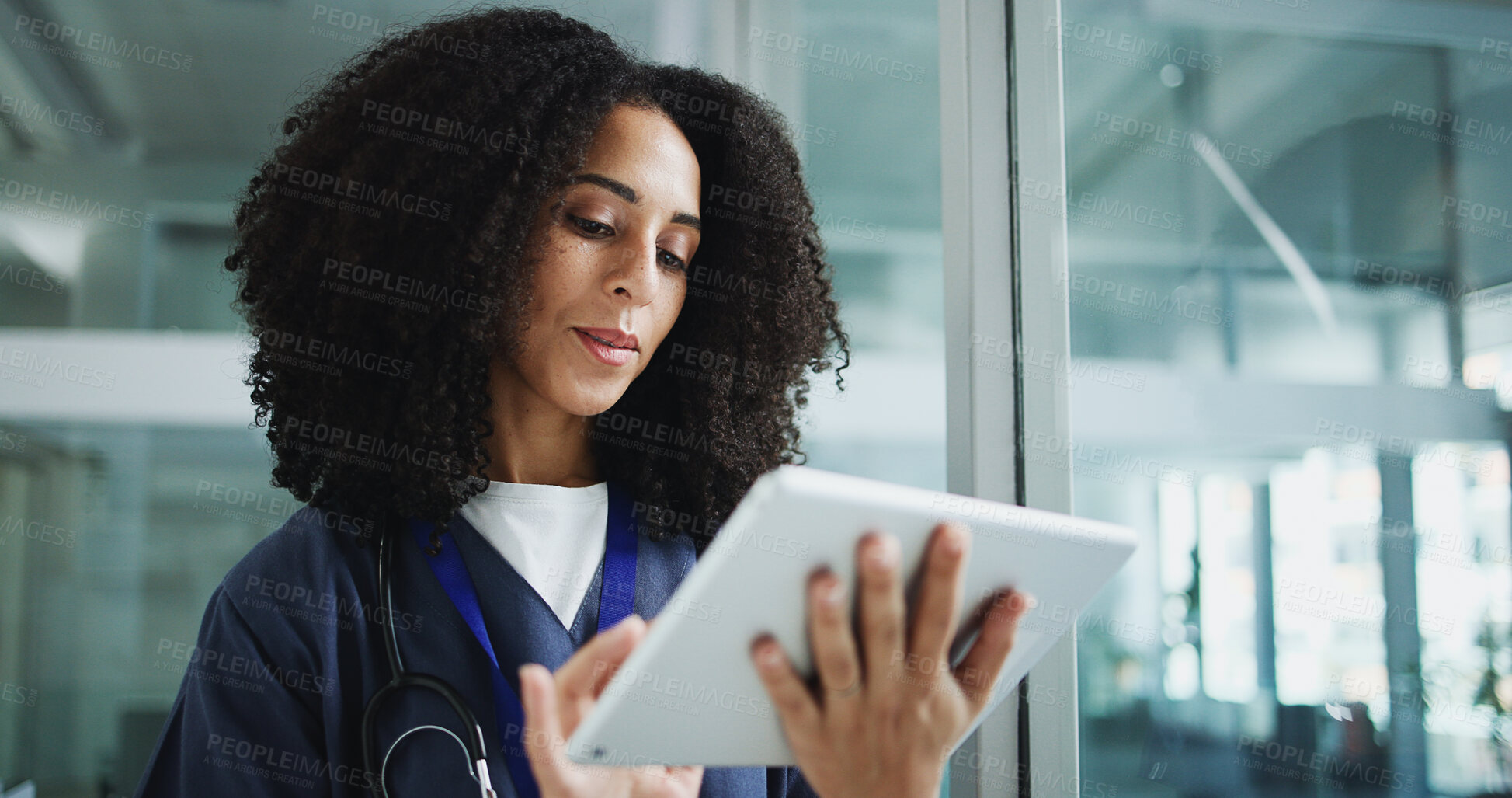 Buy stock photo Medical, scroll or woman in hospital with tablet, information check or patient diagnosis in online consulting. Healthcare, digital or doctor with tech, telehealth or client records for treatment plan