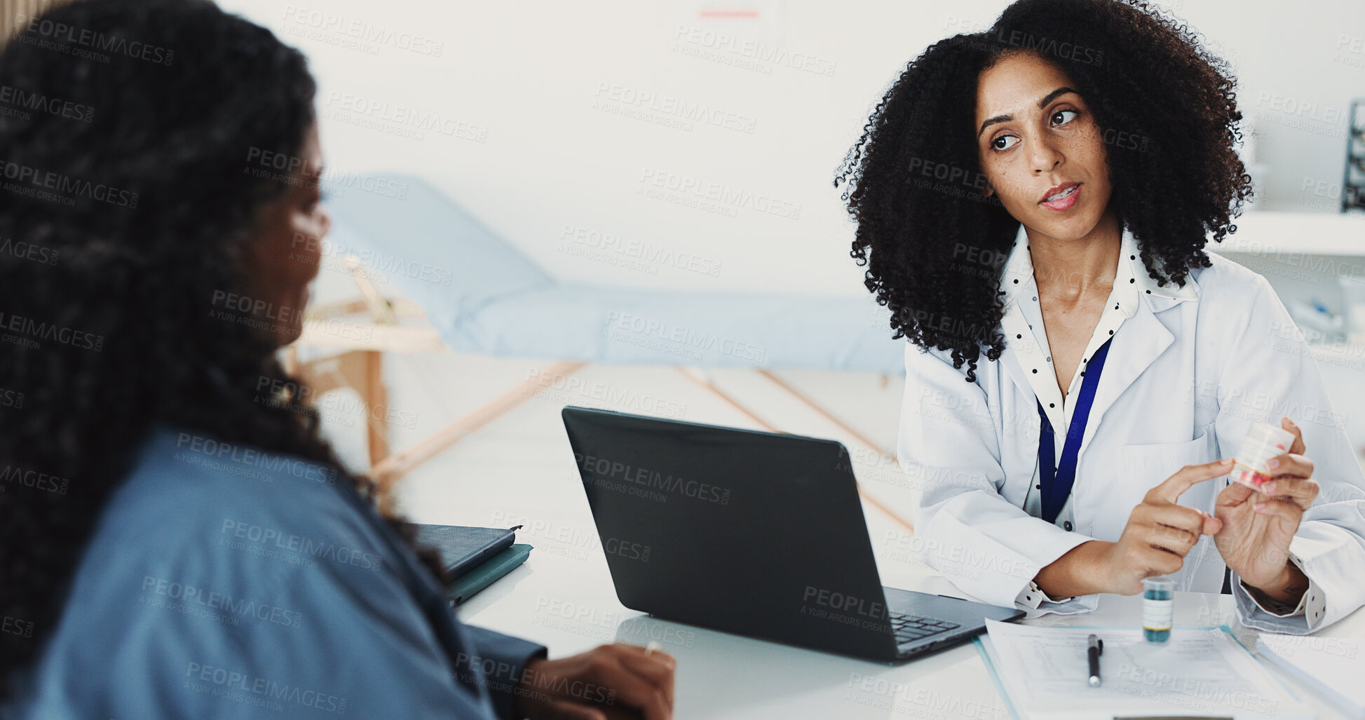 Buy stock photo Laptop, medication and doctor with woman in office at hospital for medical diagnosis or treatment plan. Computer, discussion and healthcare worker with female patient for explaining pills in clinic.