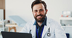 Smile, man and portrait of doctor with laptop for medical, healthcare or admin in office. Cardiologist, professional person and digital tech with clinic schedule, telehealth or research for service