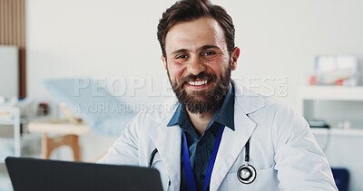 Buy stock photo Smile, man and portrait of doctor with laptop for medical, healthcare or admin in office. Cardiologist, professional person and digital tech with clinic schedule, telehealth or research for service