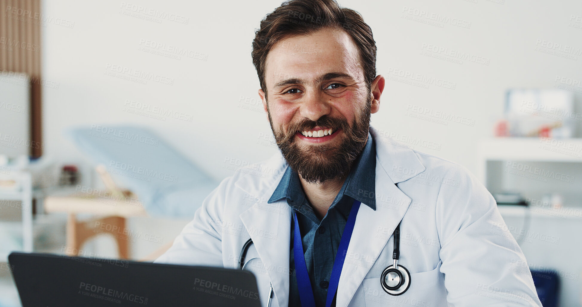 Buy stock photo Smile, man and portrait of doctor with laptop for medical, healthcare or admin in office. Cardiologist, professional person and digital tech with clinic schedule, telehealth or research for service