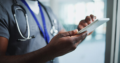 Buy stock photo Doctor, hands or person with tablet in clinic for healthcare, virtual consulting or digital prescription. Telehealth, access medical resources or physician with diagnostic info, patient app or tech