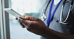 Telehealth, doctor or hands with tablet in hospital, diagnostic info or digital patient prescription. Healthcare, virtual consulting or physician with medical resources for research, person or tech