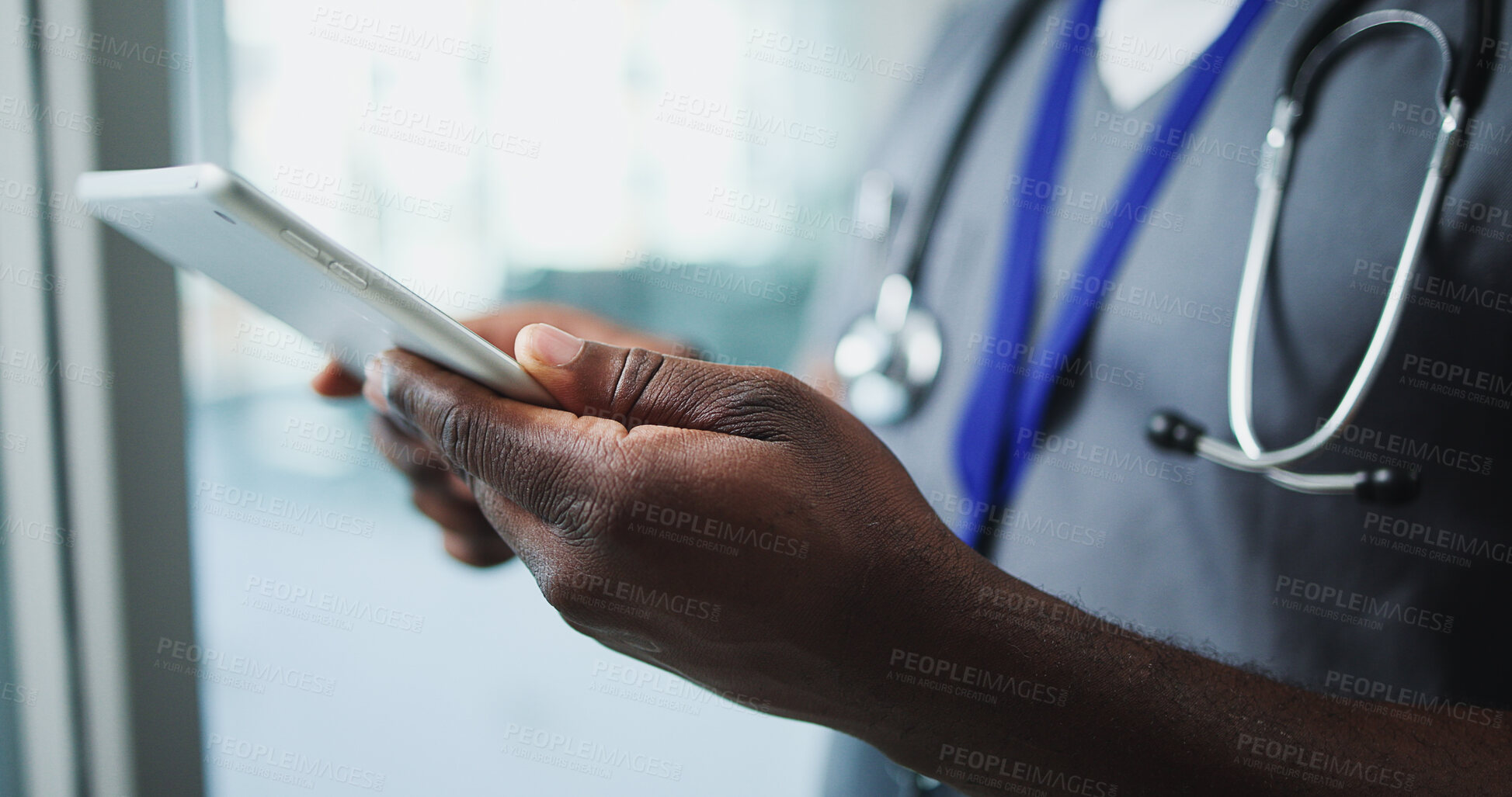 Buy stock photo Telehealth, doctor or hands with tablet in hospital, diagnostic info or digital patient prescription. Healthcare, virtual consulting or physician with medical resources for research, person or tech