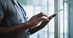 Doctor, research or hands with tablet in clinic for healthcare, virtual consulting or digital prescription. Telehealth app, medical resources or physician with patient diagnostic info, person or tech