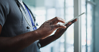 Buy stock photo Doctor, research or hands with tablet in clinic for healthcare, virtual consulting or digital prescription. Telehealth app, medical resources or physician with patient diagnostic info, person or tech