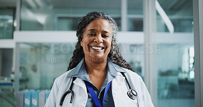 Buy stock photo Happy woman, doctor and portrait in hospital for healthcare, about us and friendly service. Mature cardiologist, smile and black person in clinic with experience, medical consultation and integrity