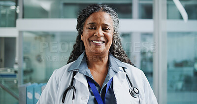 Buy stock photo Happy woman, doctor and portrait in clinic for healthcare, about us and friendly service. Mature cardiologist, smile and black person in hospital with experience, medical consultation and integrity