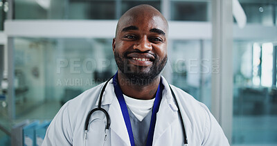Buy stock photo Happy man, doctor and portrait in hospital for healthcare, about us and friendly service. Cardiologist, smile and black person in clinic with experience, medical consultation and career integrity