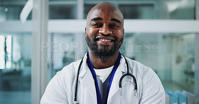 Buy stock photo Happy man, doctor and portrait in clinic for healthcare, about us and friendly service. Cardiologist, smile and black person in hospital with experience, medical consultation and career integrity