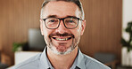 Portrait, glasses and businessman with smile in office, confident and bookkeeping career for about us. Professional, eyewear or mature manager with pride for accuracy maintenance, happy or workplace