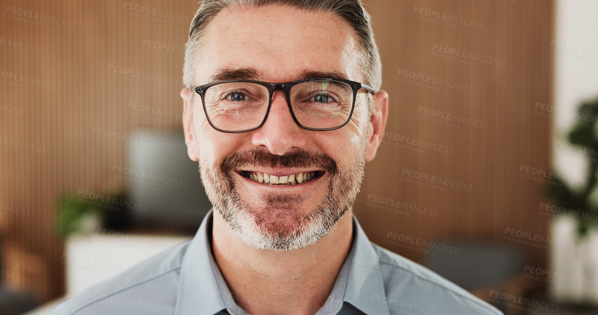 Buy stock photo Portrait, glasses and businessman with smile in office, confident and bookkeeping career for about us. Professional, eyewear or mature manager with pride for accuracy maintenance, happy or workplace