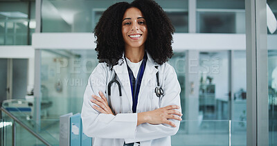 Buy stock photo Happy, crossed arms and portrait of doctor in hospital with confidence for healthcare career. Smile, medical service and female surgeon with pride for support or expert help in lobby at clinic.