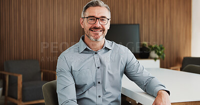 Buy stock photo Happy, business and man with portrait in office for career pride, about us and accounting firm. Smile, mature person and ambition with confidence, financial bookkeeping and consultant for investment