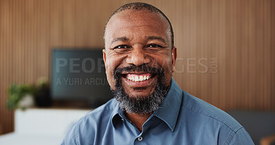 Buy stock photo Portrait, business or black man with smile in office, confident or bookkeeping career for about us. Professional, mature or manager with pride for accuracy maintenance, happy or workplace development