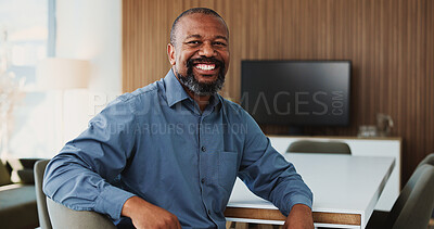 Buy stock photo Happy, business and black man with portrait in office for career pride, about us and accounting. Smile, mature person and ambition with confidence, financial bookkeeping and consultant for investment